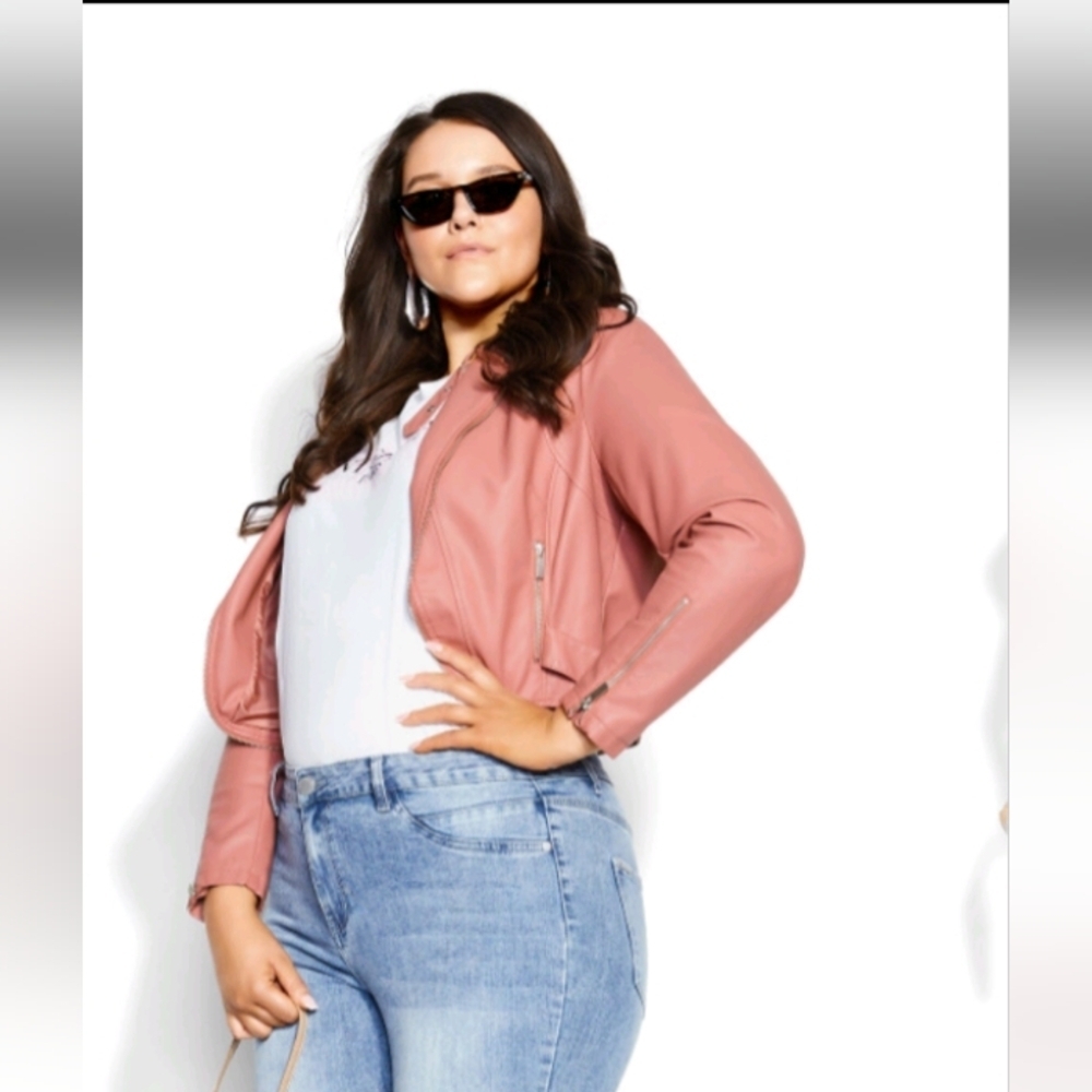 City Chic Cropped Lined Biker Jacket In Dusty Peach Sz 20